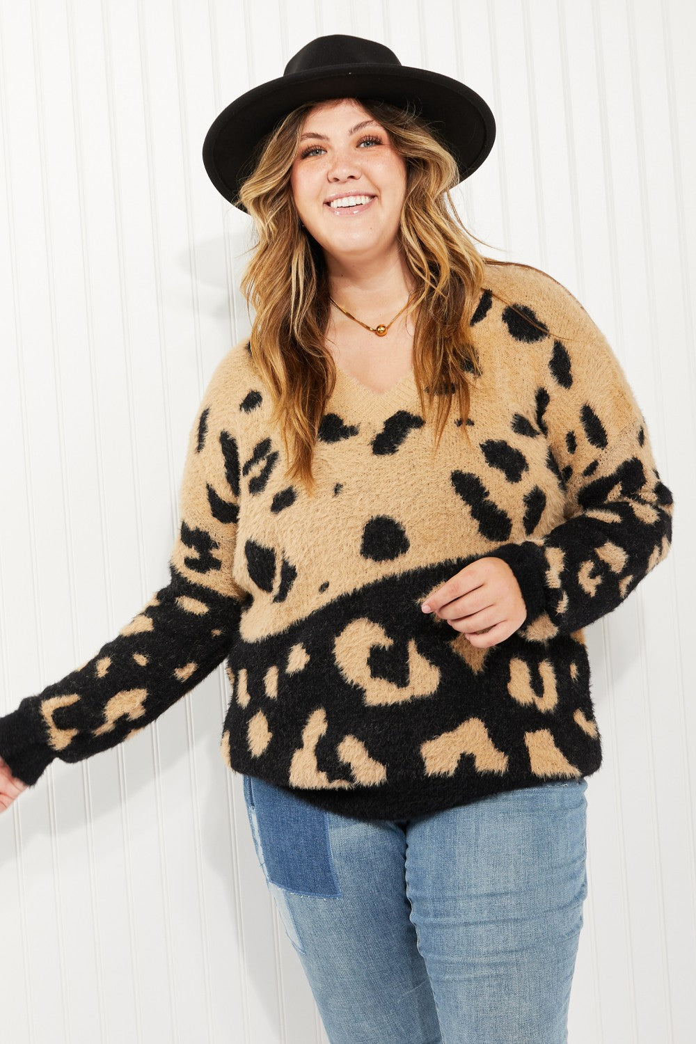CY Fashion Full Size Leopard V-Neck Fuzzy Sweater -