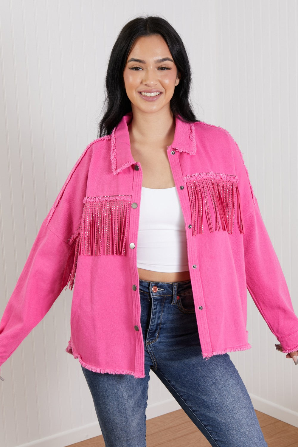 GeeGee Southwest Rhinestone Fringe Detail Shirt Jacket -