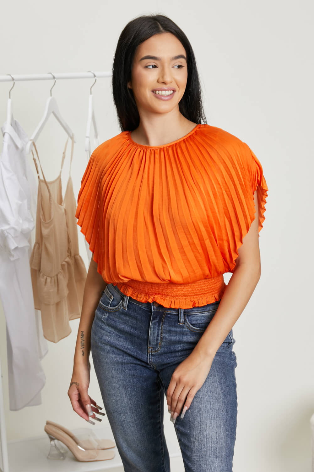 Glam Positively Glowing Pleated Smock Waist Top -