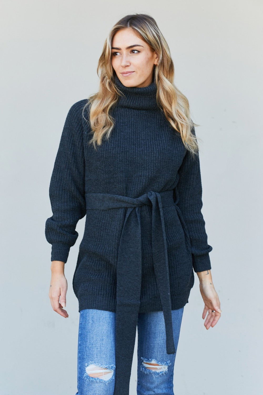 Zenana Turtleneck Raglan Sleeve Belted Tunic Sweater - Charcoal / XS