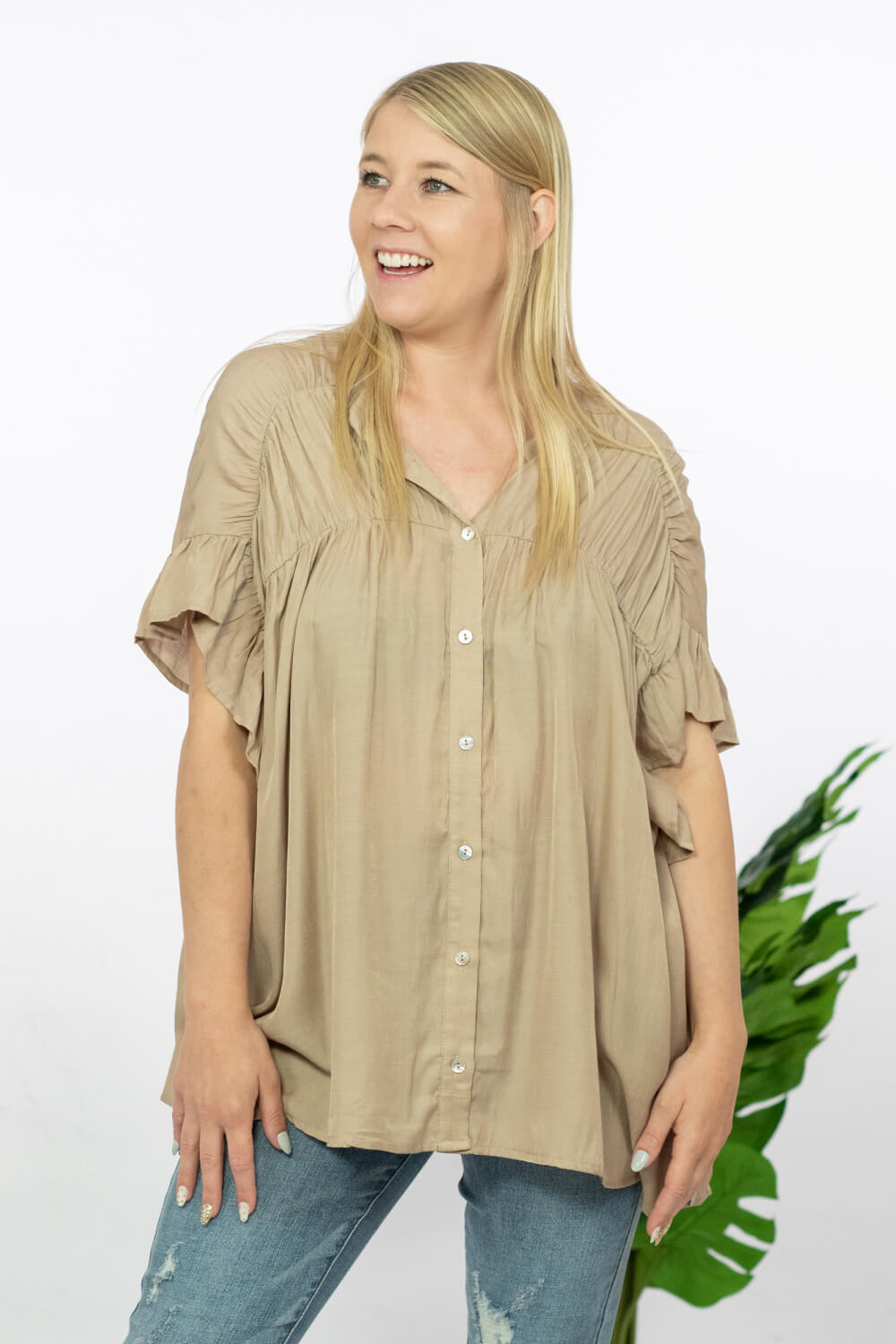 BiBi One Love Shirred Button-Down Shirt - Cappuccino / S