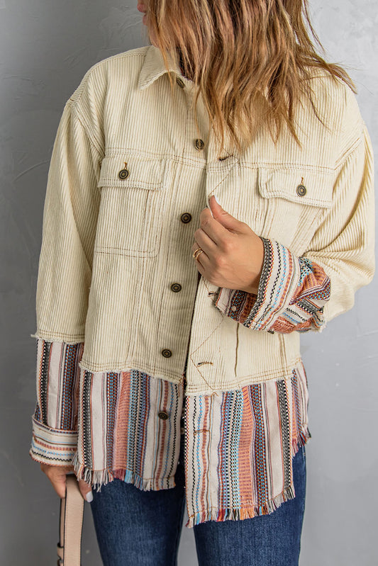 Striped Frayed Hem Corduroy Jacket - Beige / S