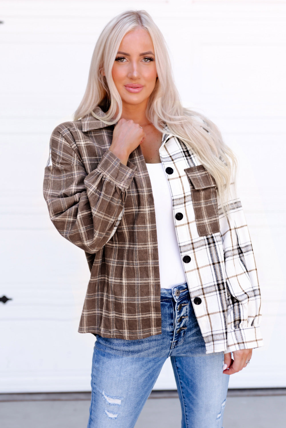 Plaid Contrast Button Up Shirt Jacket - Plaid / S