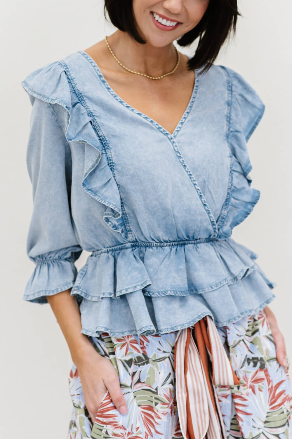 Doe & Rae Miss You Denim Ruffle Peplum Top - Light Denim / S