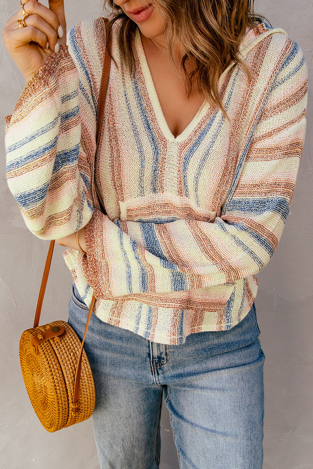 Striped Hooded Sweater with Kangaroo Pocket -