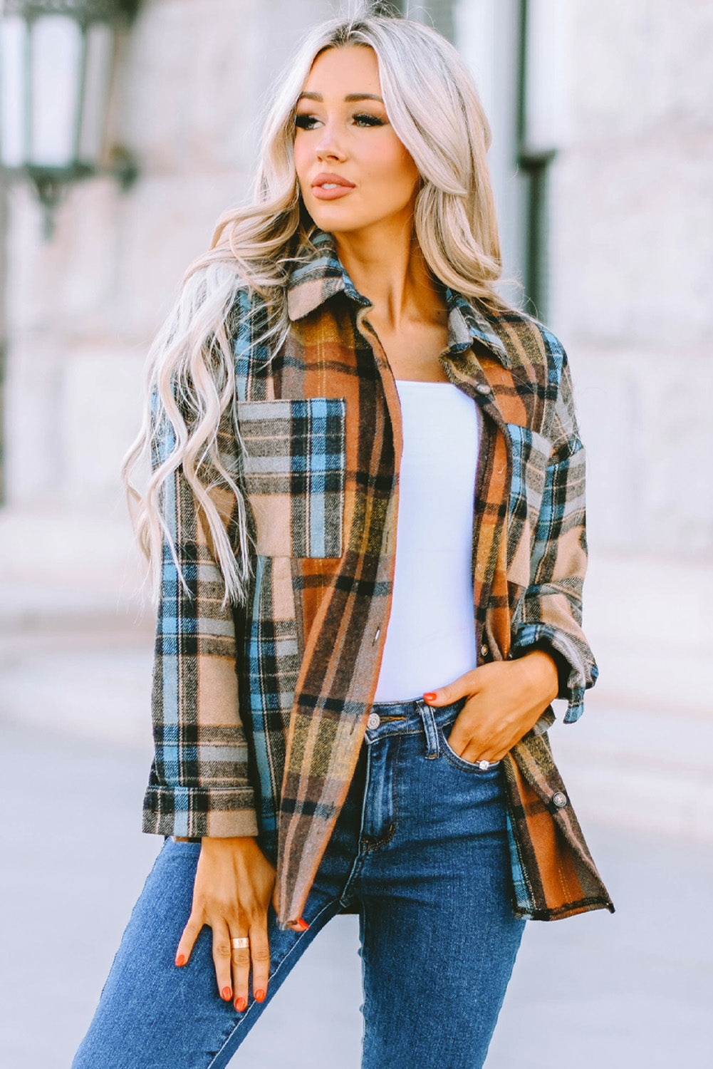 Plaid Curved Hem Shirt Jacket with Breast Pockets -