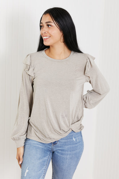 CY Fashion Addicted to You Ruffle Shoulder Top - Taupe / S