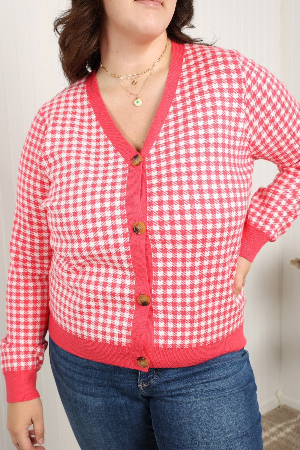 Sew In Love Full Size Houndstooth Button-Up Cardigan -