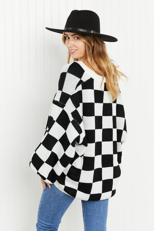 Davi & Dani Reality Check Full Size Checkered V-Neck Sweater -