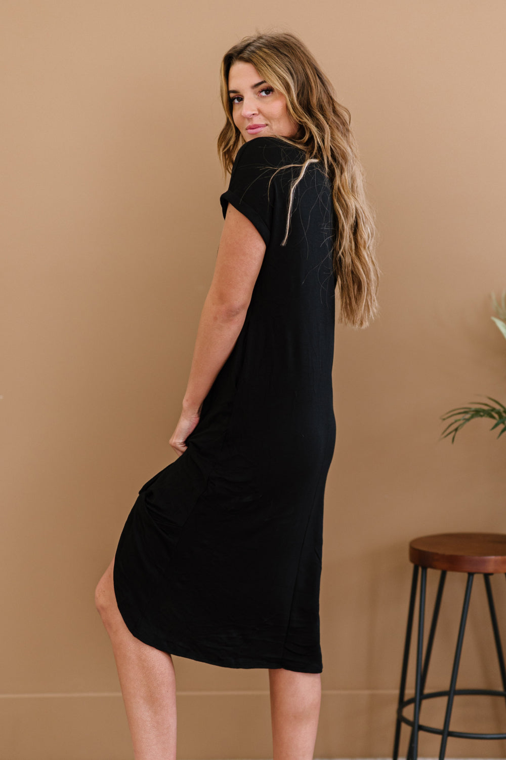 P & Rose Plot Twist T-Shirt Dress with Pockets in Black -