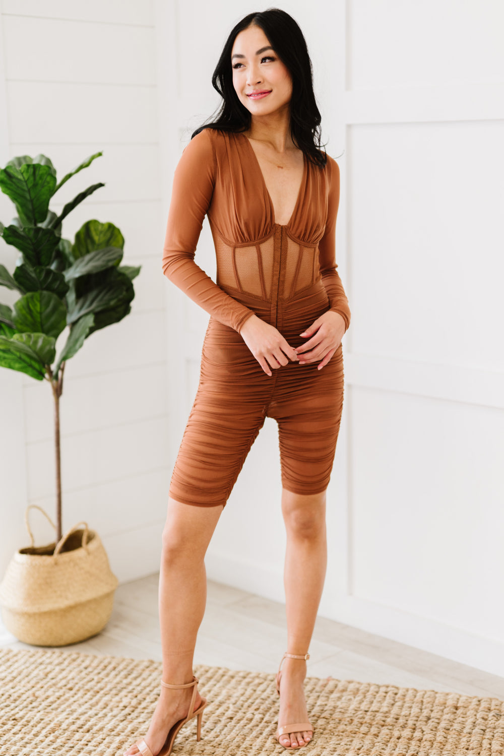 PRIVY Ruched Deep V Romper -