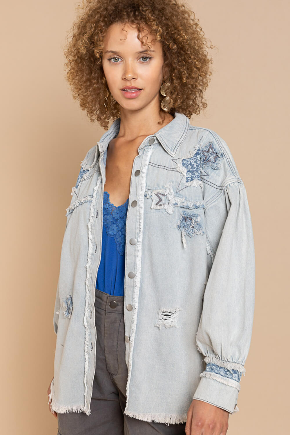 POL Star Patch Distressed Fringe Button-Up Denim Jacket in Light Denim -