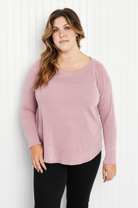 Emerald Collection Fun and Games Full Size Ribbed Round Neck Long-Sleeve Top - Mauve / S