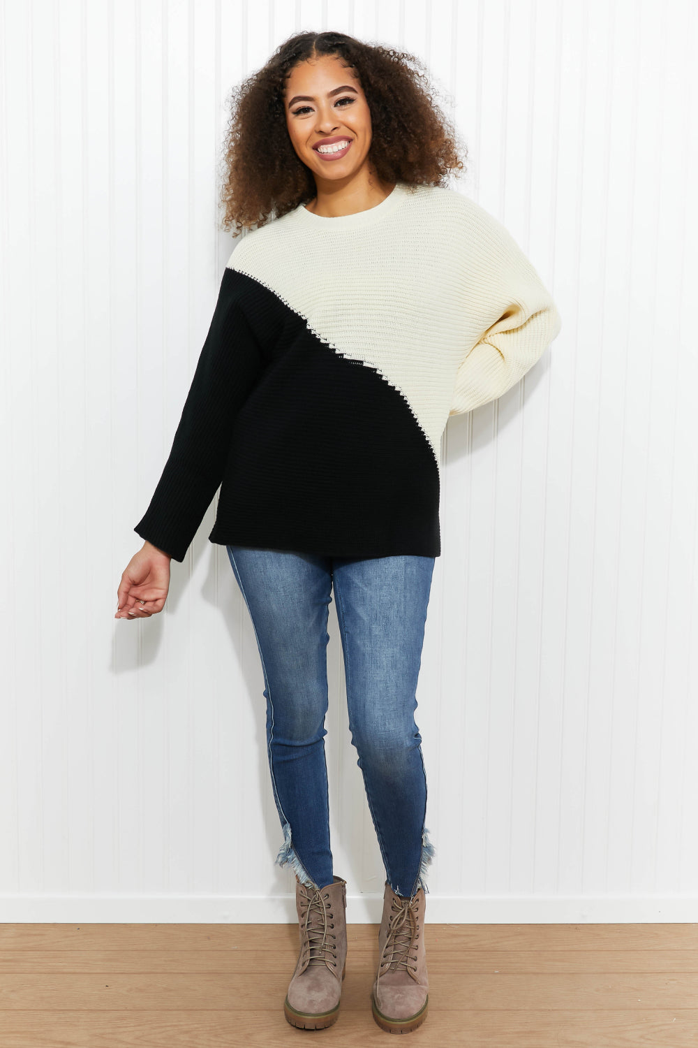 CY Fashion Half-and-Half Color Block Sweater -