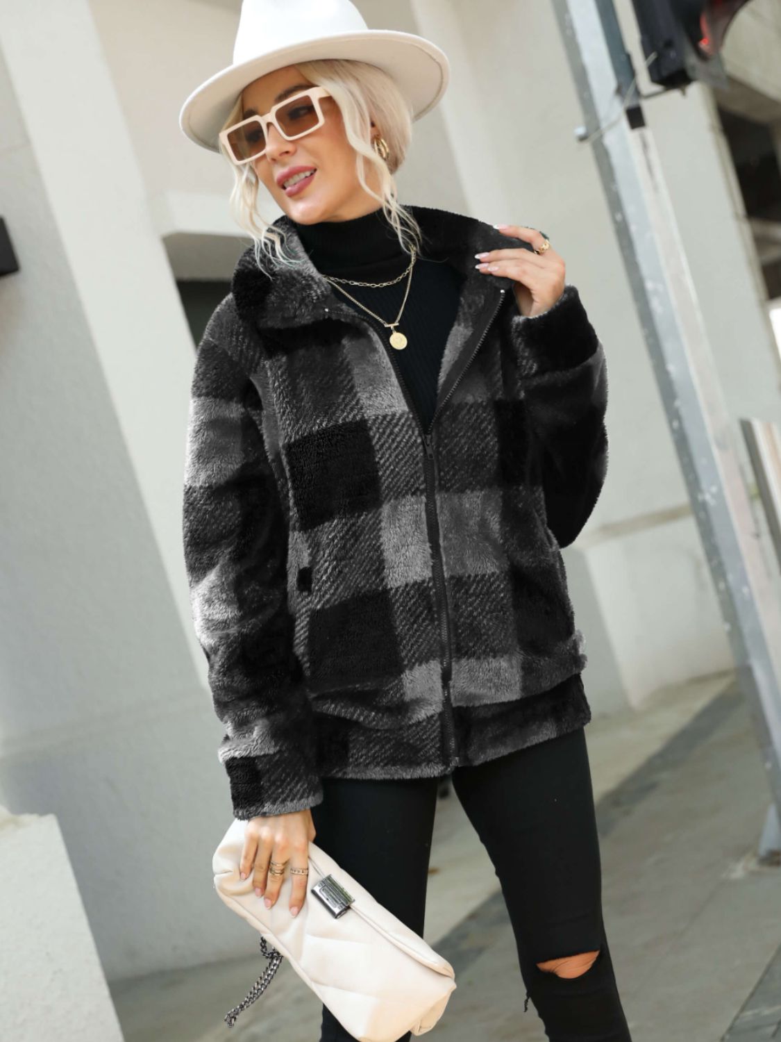 Plaid Zip Up Collared Plush Jacket - Gray/Black / S