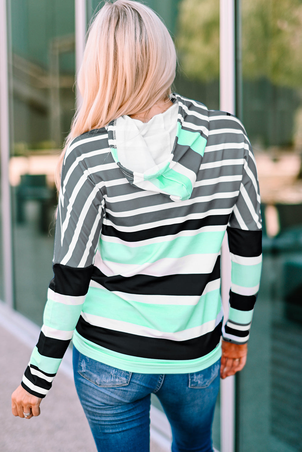 Striped Drawstring Detail Long Sleeve Hoodie -