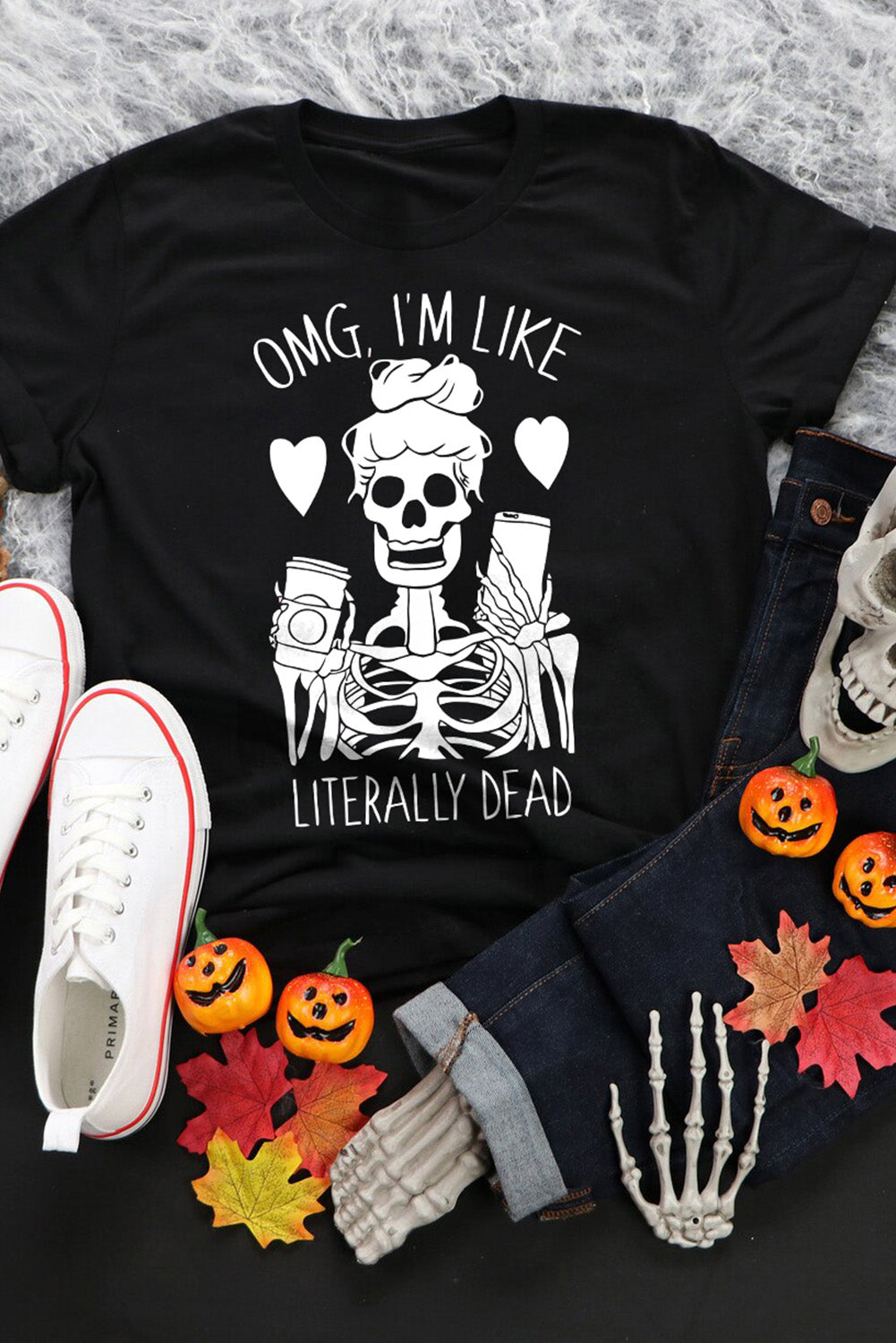 Halloween Skeleton Graphic Round Neck Tee -