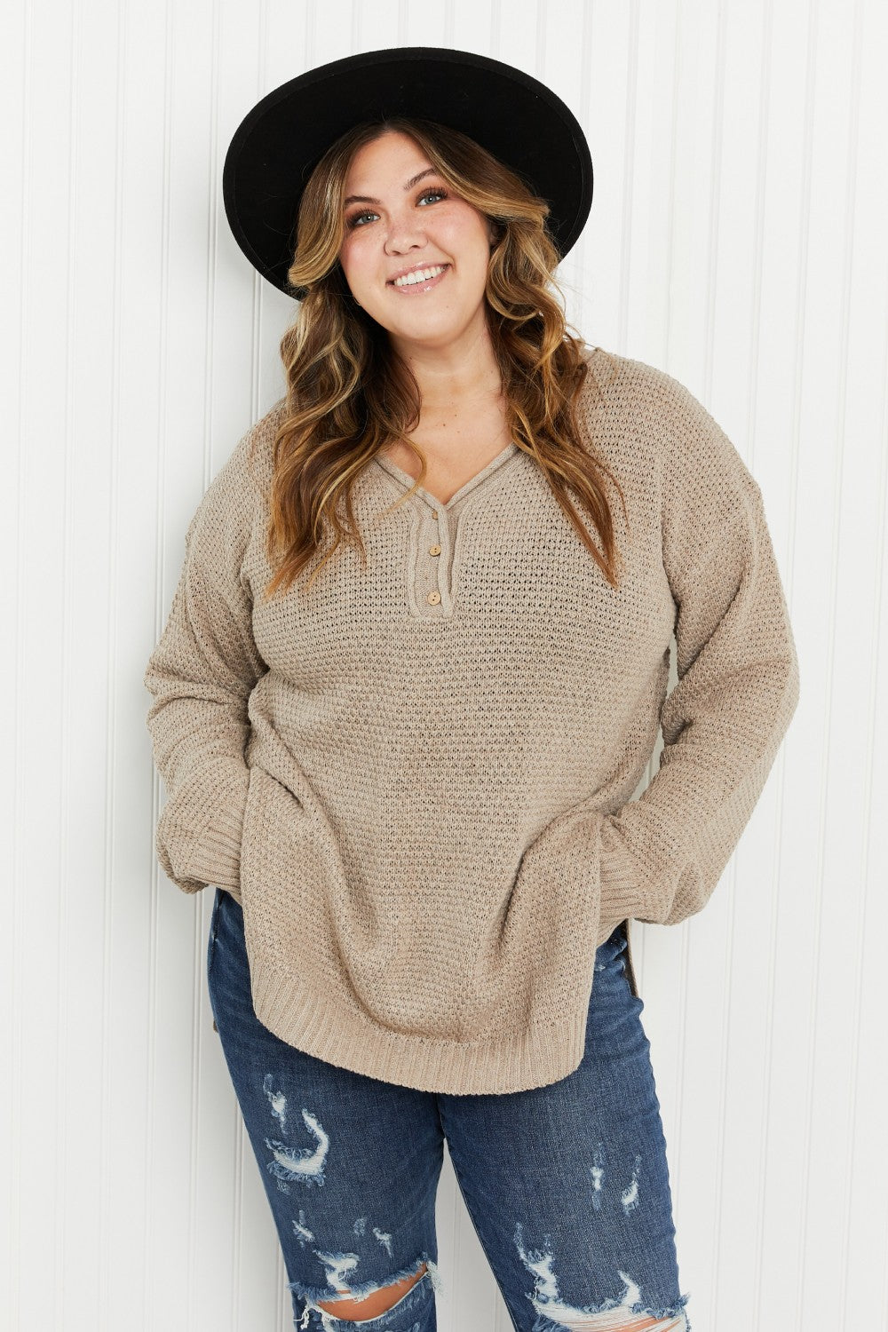 GeeGee Full Size Waffle Knit Henley Sweater -