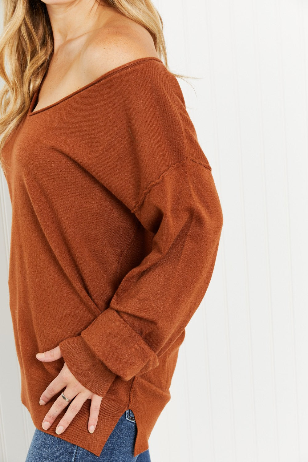 GeeGee Only the Best Full Size Rolled Edge V-Neck Sweater -