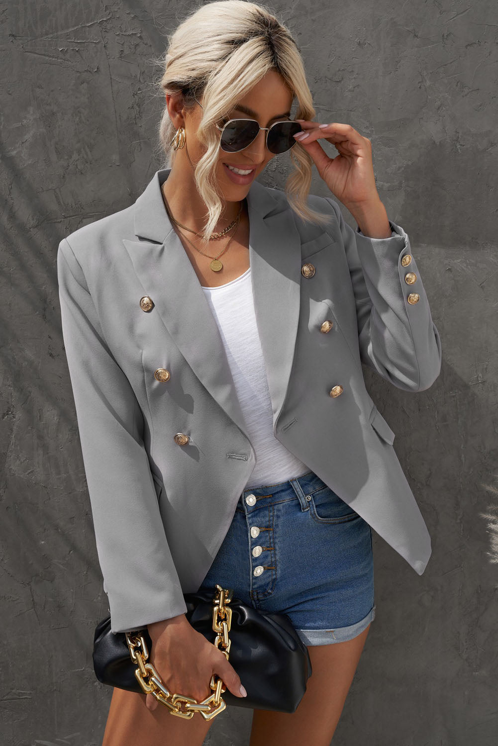 Double-Breasted Lapel Collar Blazer with Pockets - Gray / S