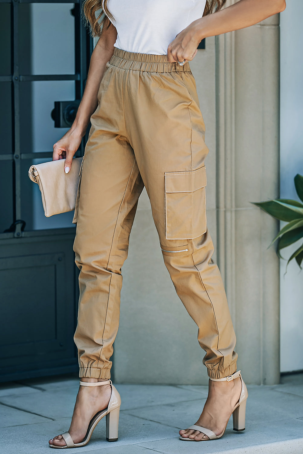 Elastic Waist Ankle-Length Cargo Joggers -