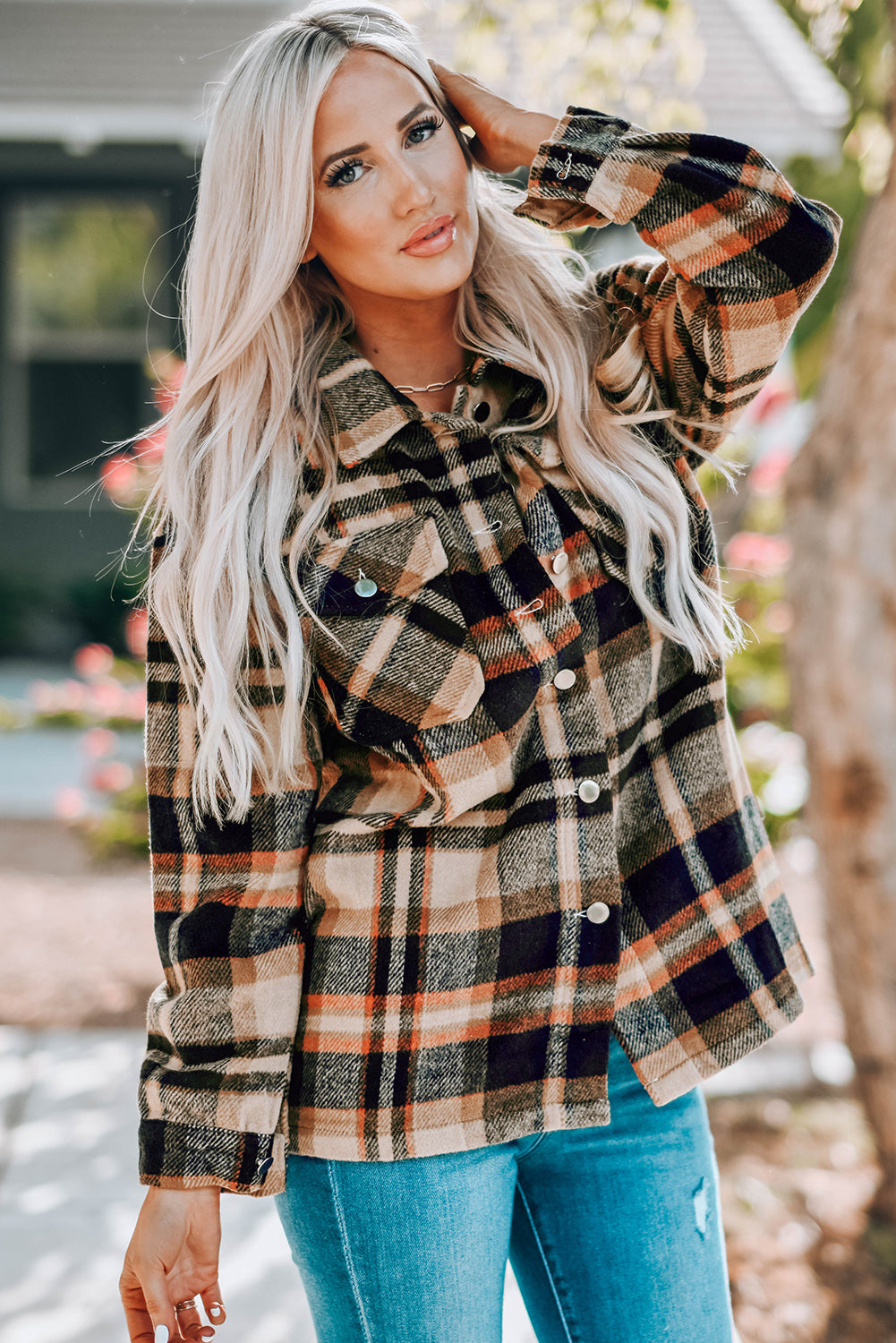 Plaid Button Front Shirt Jacket with Breast Pockets -