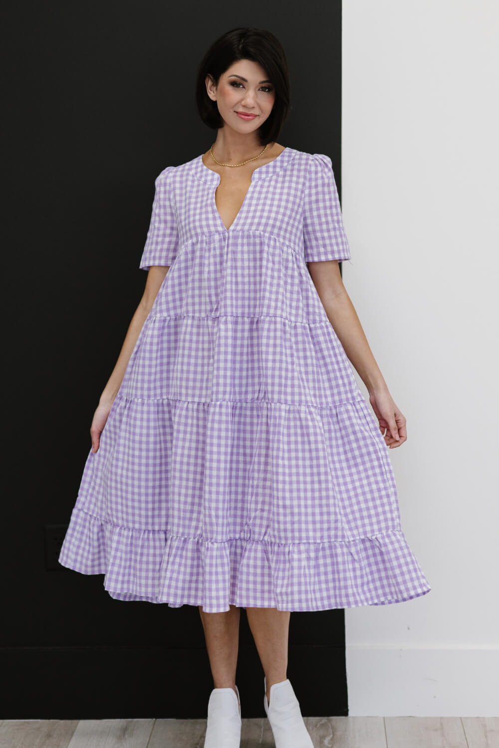 BiBi Slow Dancing Gingham Tiered Midi Dress - Lavender/Ivory / S