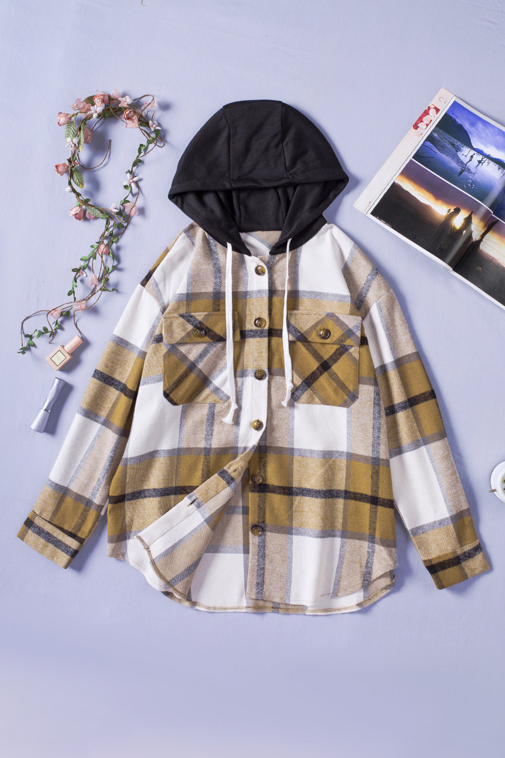 Plaid Button Down Hooded Shirt Jacket with Breast Pockets -