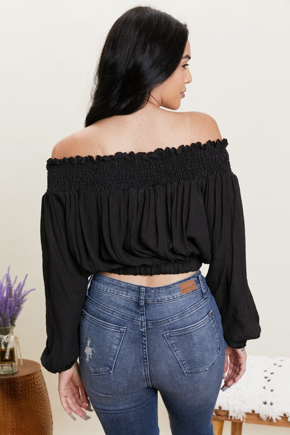 HYFVE Never Too Chic Off-Shoulder Button Front Crop Top -