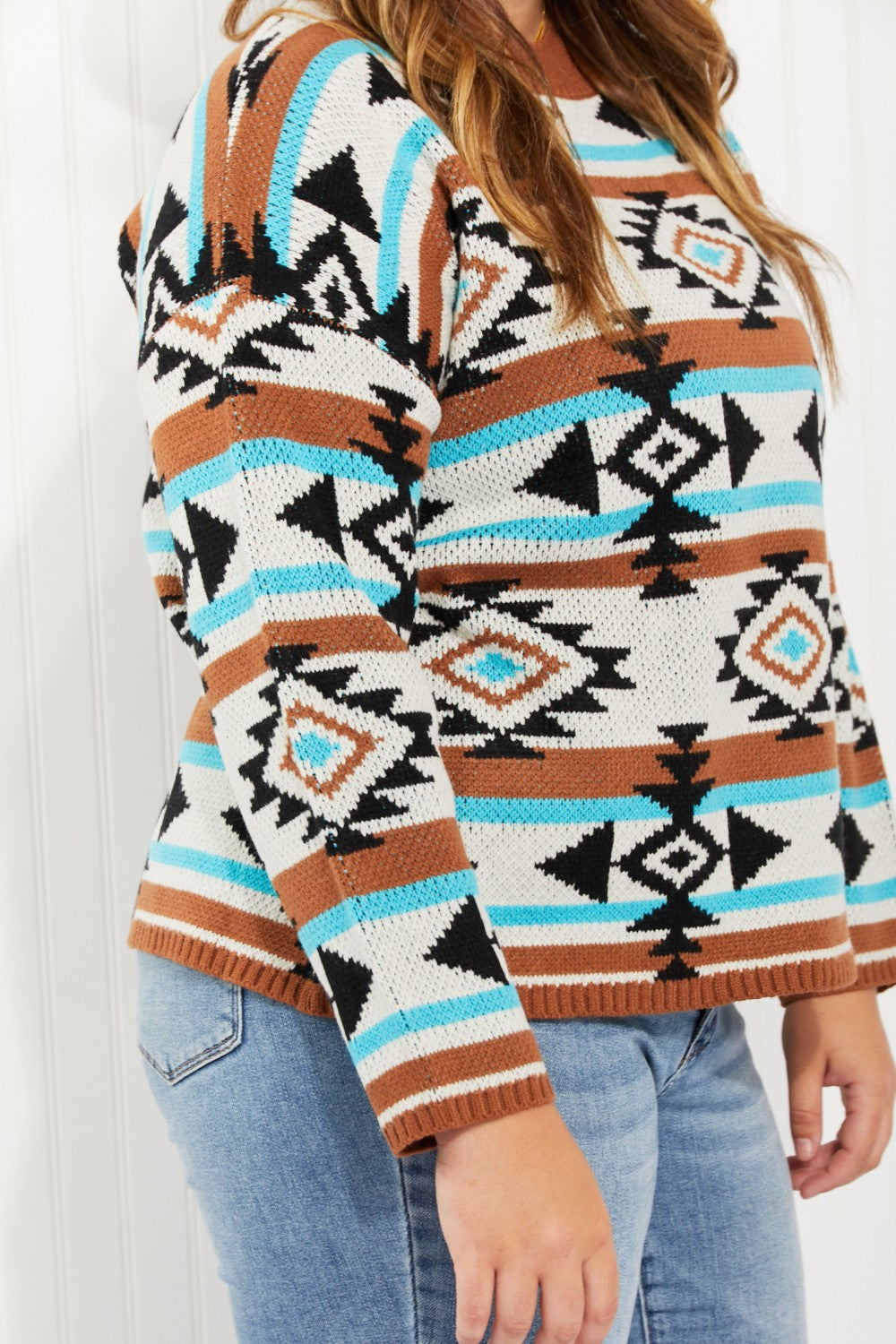 Andree by Unit Southwestern Sunset Full Size Geometric Mock Neck Sweater -