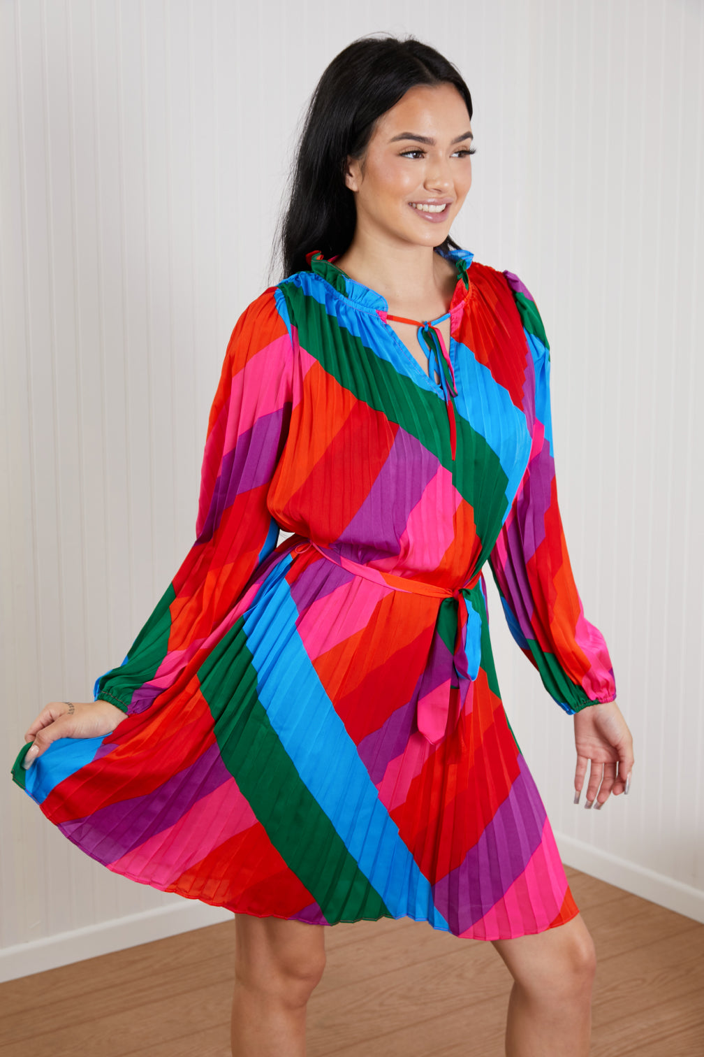 Skies Are Blue Rainbow Rays Pleated Dress -