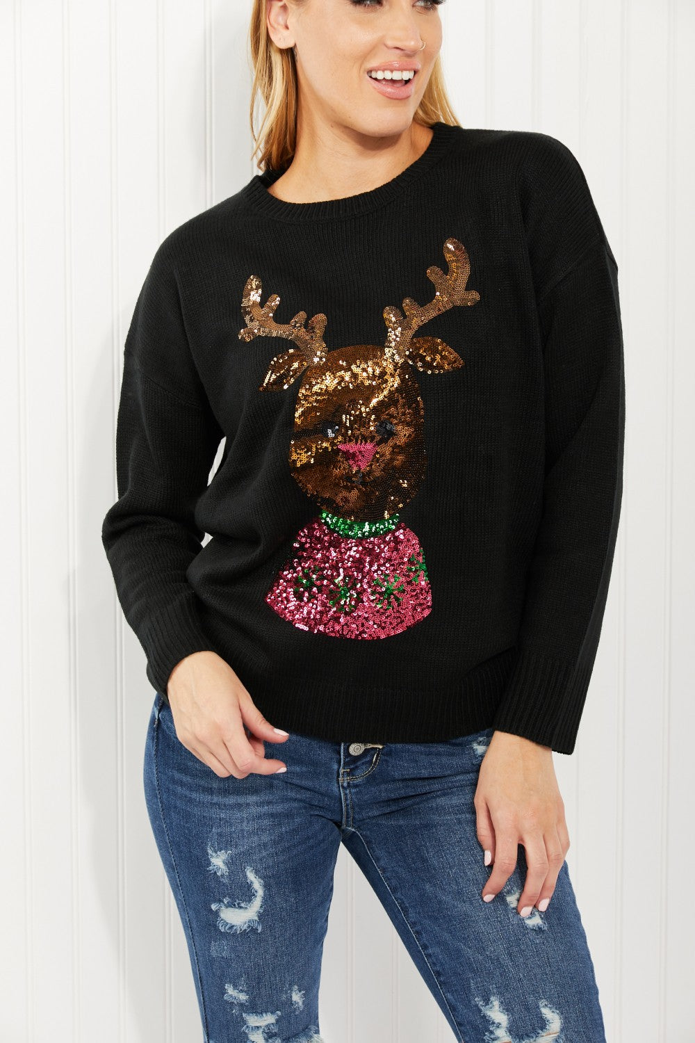 Andree by Unit Christmas Rudolph Full Size Sequin Sweater -