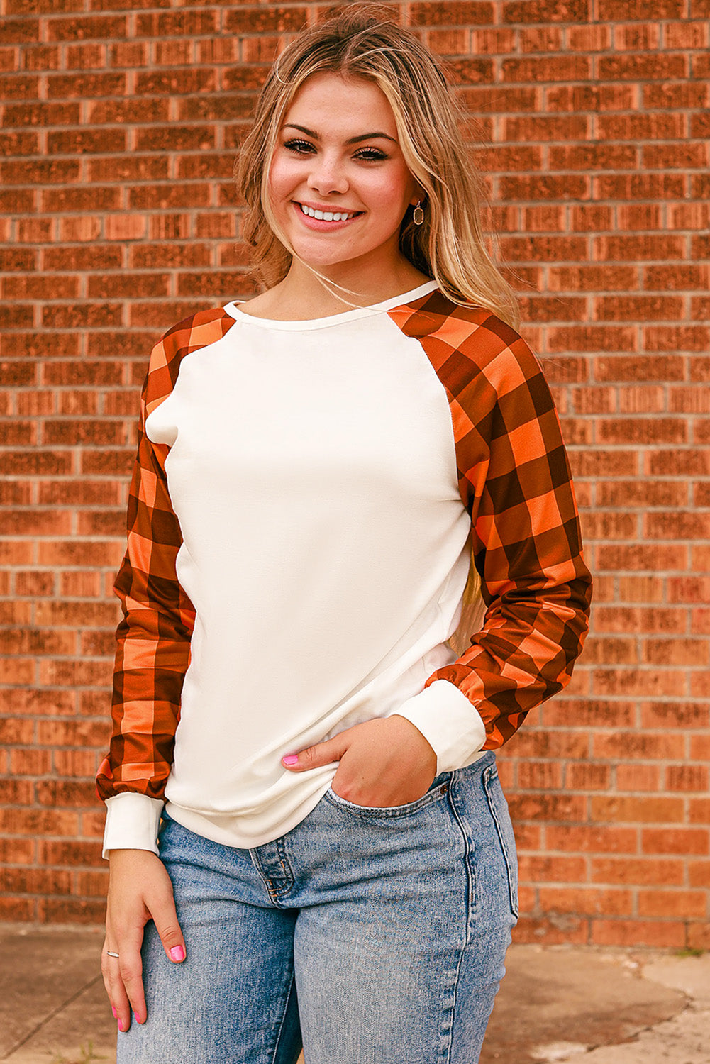 Plaid Contrast Raglan Sleeve Top - Orange / S