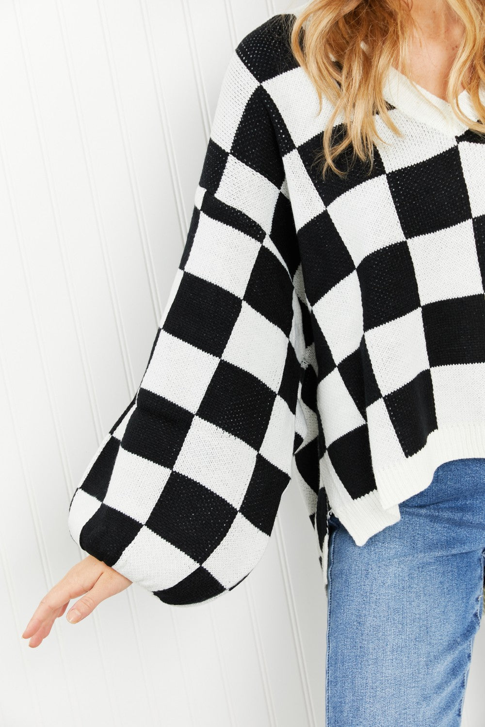 Davi & Dani Reality Check Full Size Checkered V-Neck Sweater -