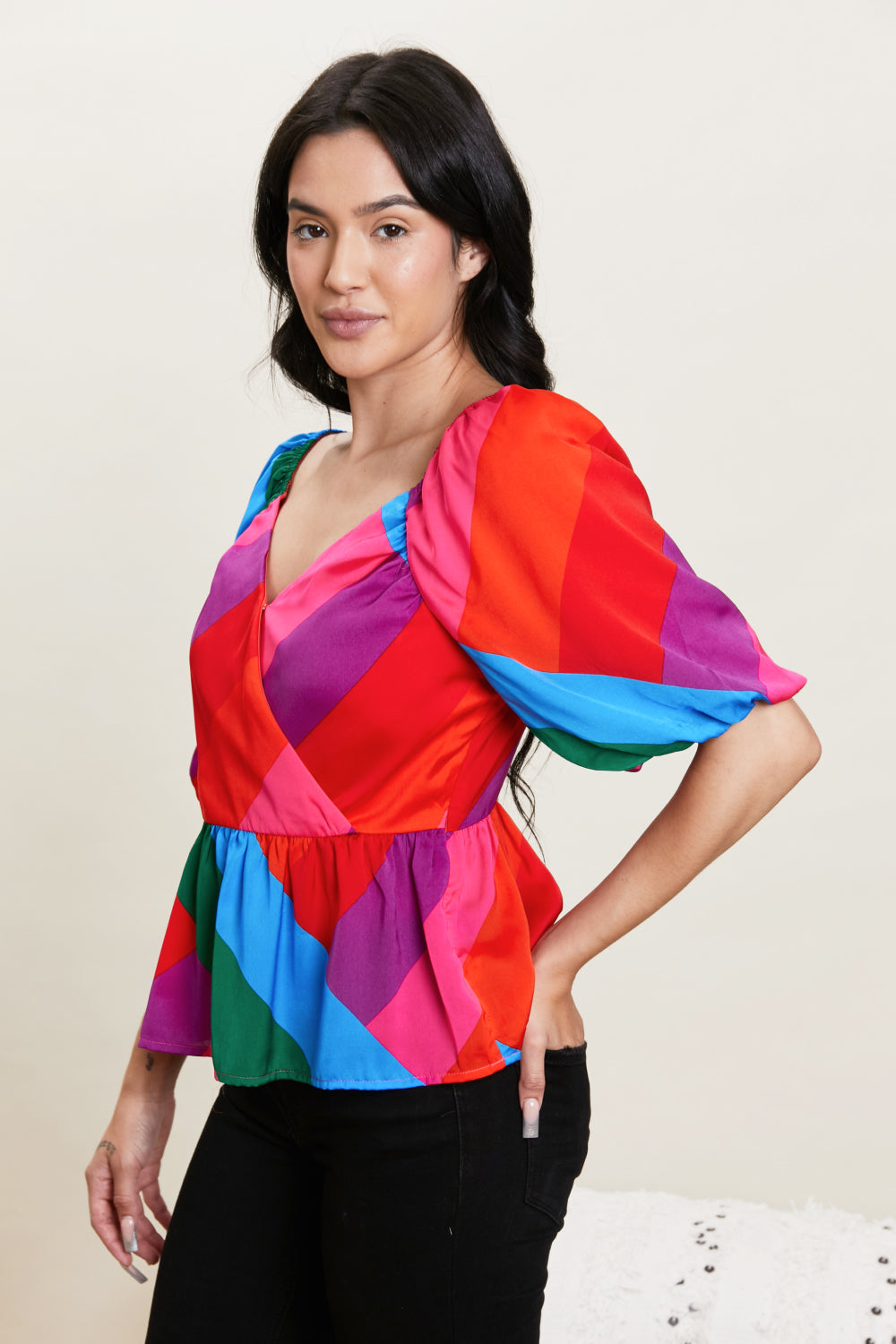 Skies Are Blue Colorful Day Color Block Peplum Top -