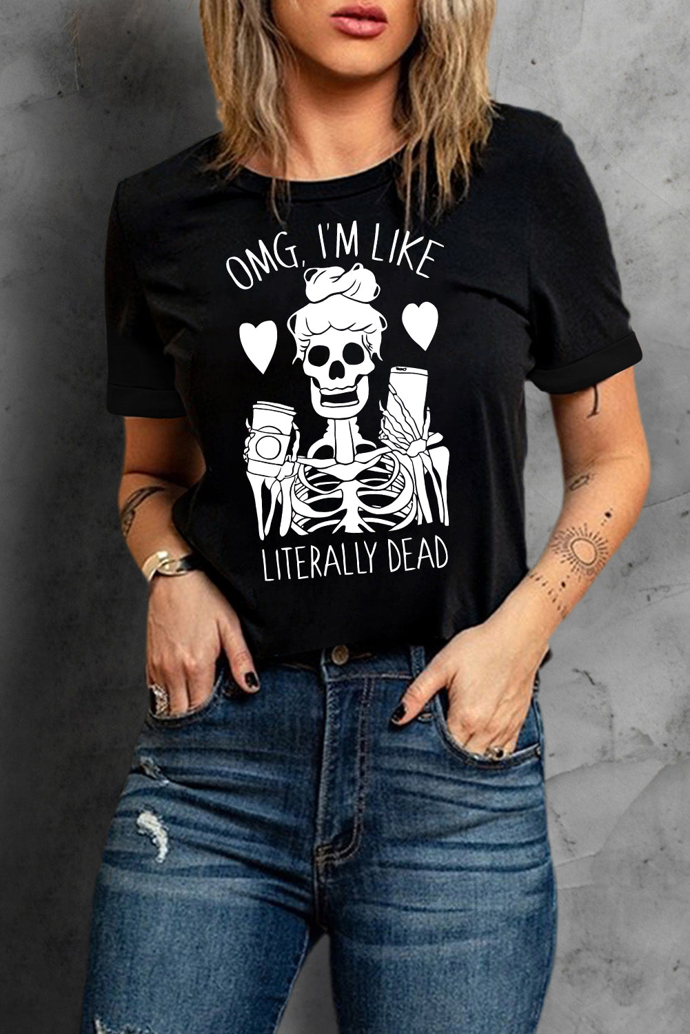 Halloween Skeleton Graphic Round Neck Tee -