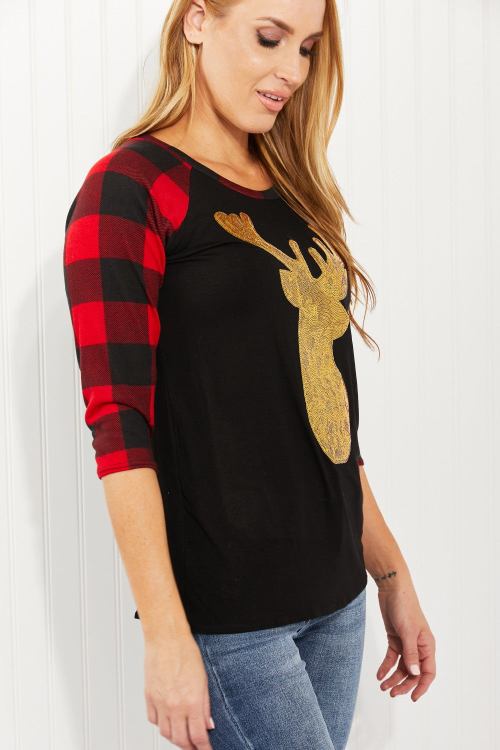 Acting Pro Oh Deer Full Size Sequin Plaid Sleeves Top -