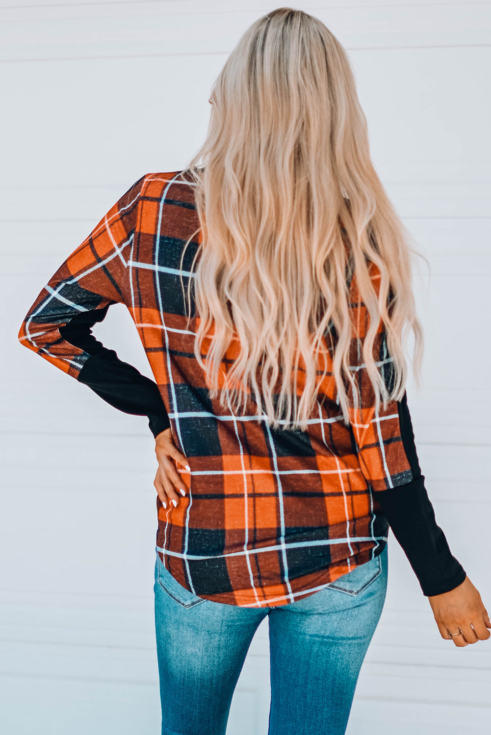 Plaid Round Neck High-Low Top -