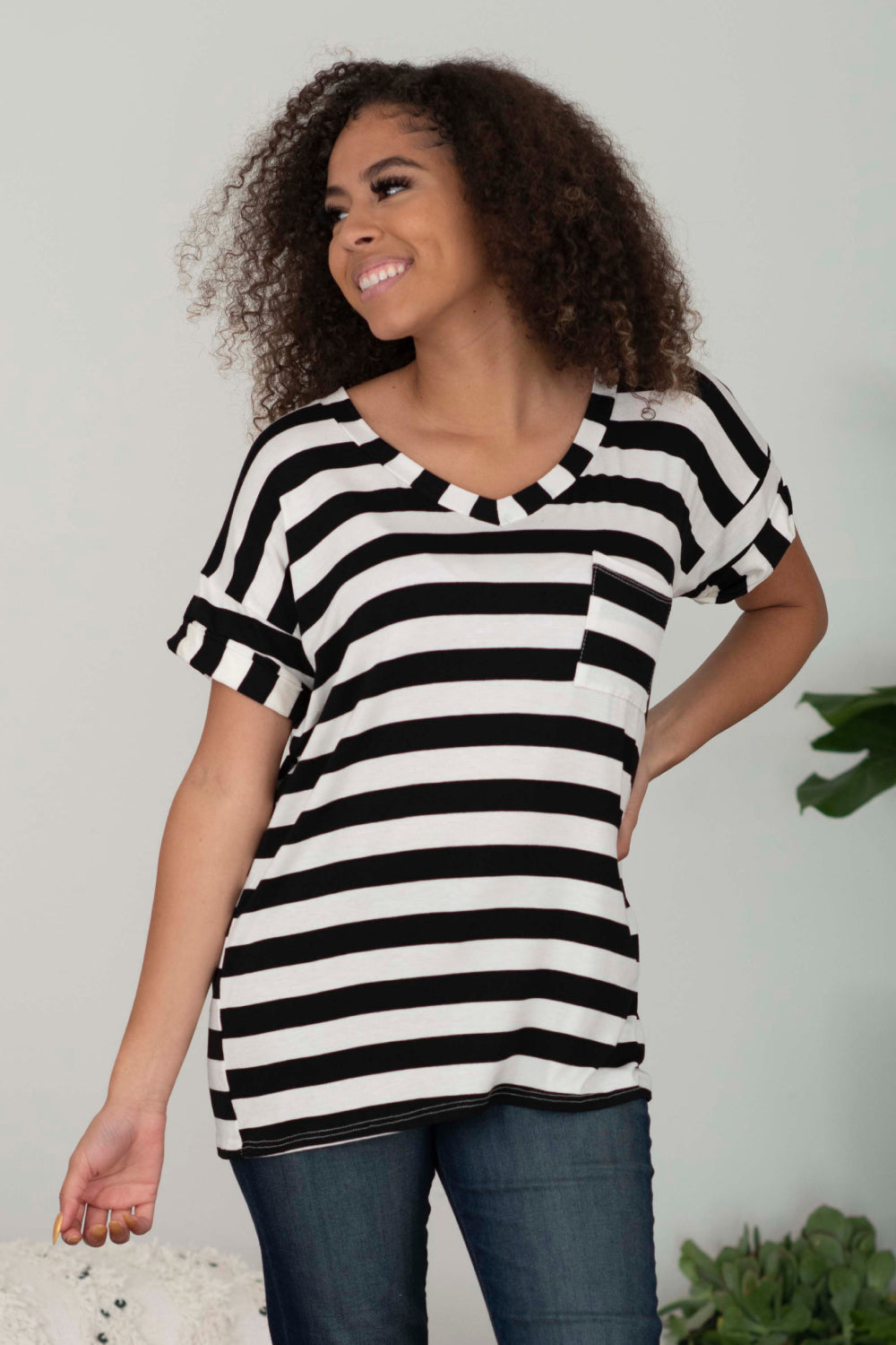 Sew In Love Out and About Striped Pocket Tee in Black and Ivory -