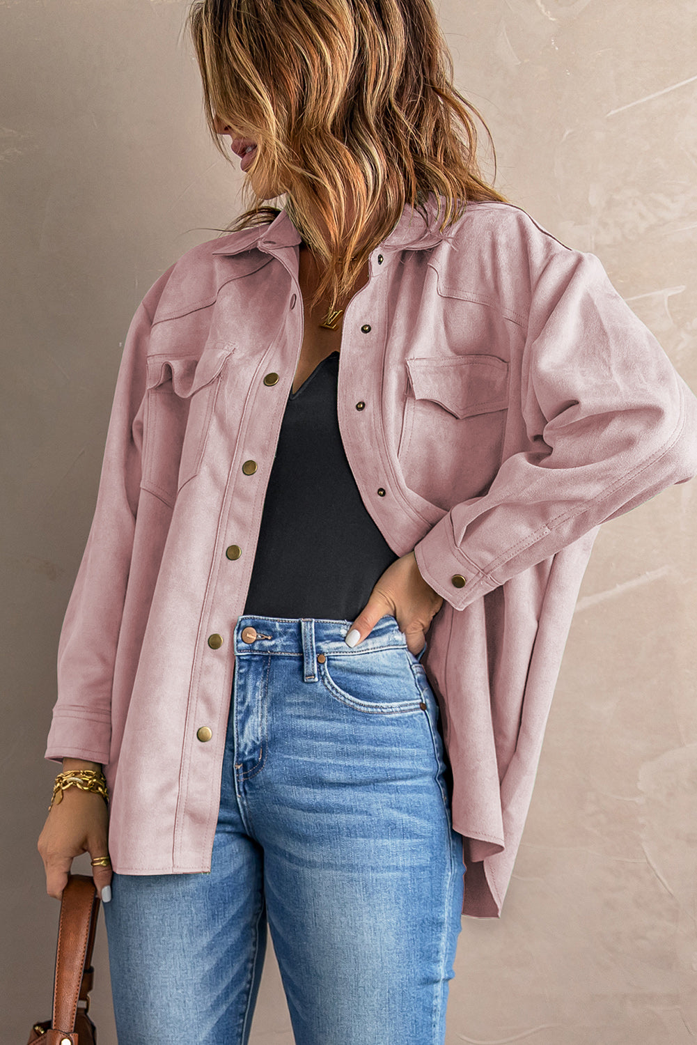 Suede Snap Front Dropped Shoulder Jacket -