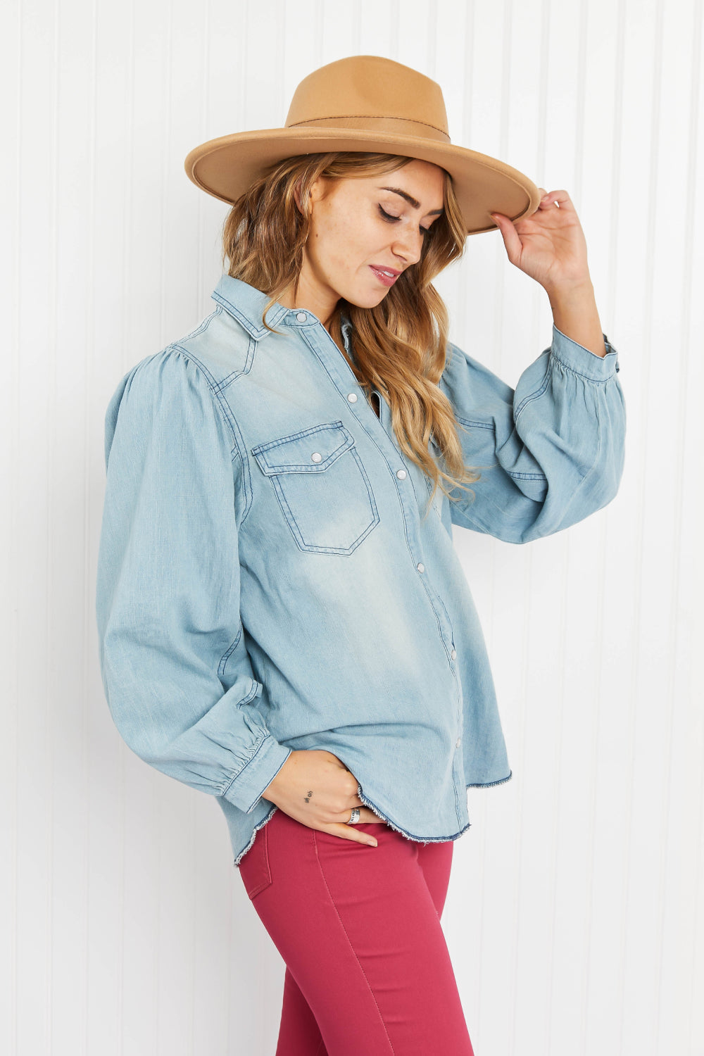 Davi & Dani Sitting Fireside Full Size Button Down Denim Shirt -