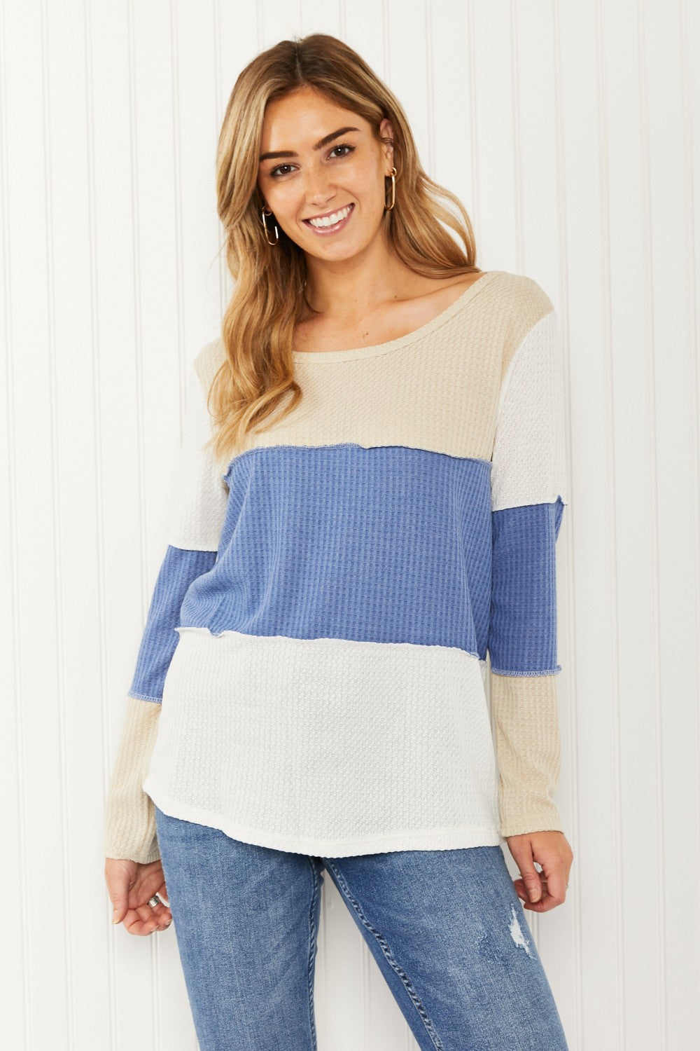 HOPELY Blue Skies Color Block Waffle Knit Top - Taupe/Denim / S