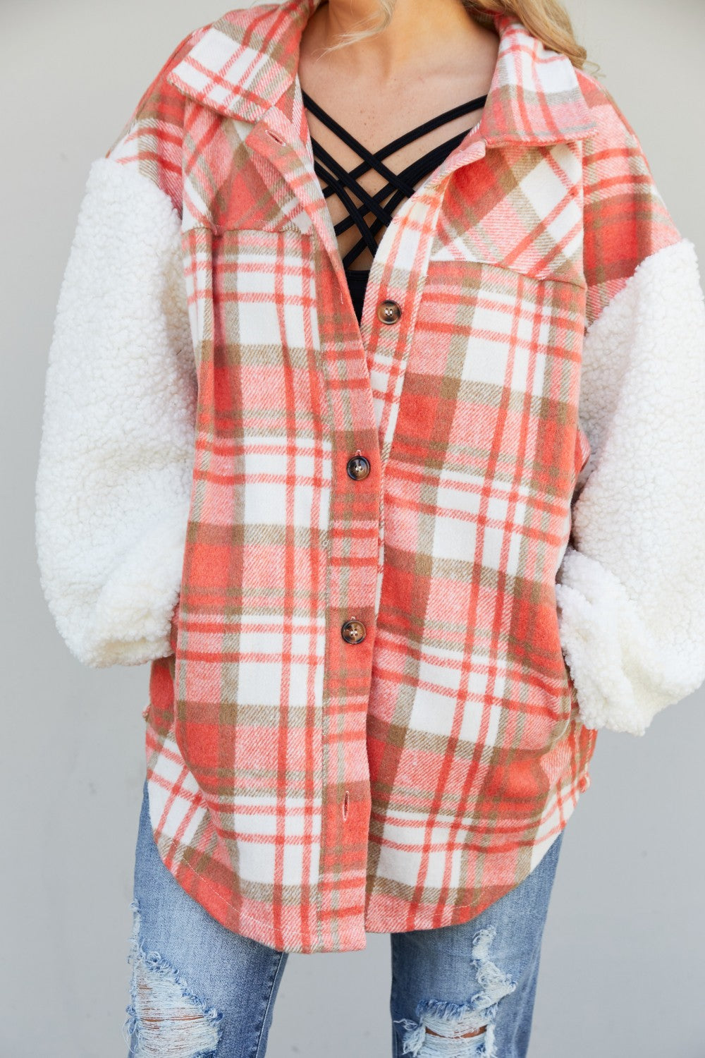 Davi & Dani Somewhere in Seattle Plaid Teddy Sleeve Shacket -