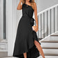 One-Shoulder Belted Ruffle Hem Dress - Black / S