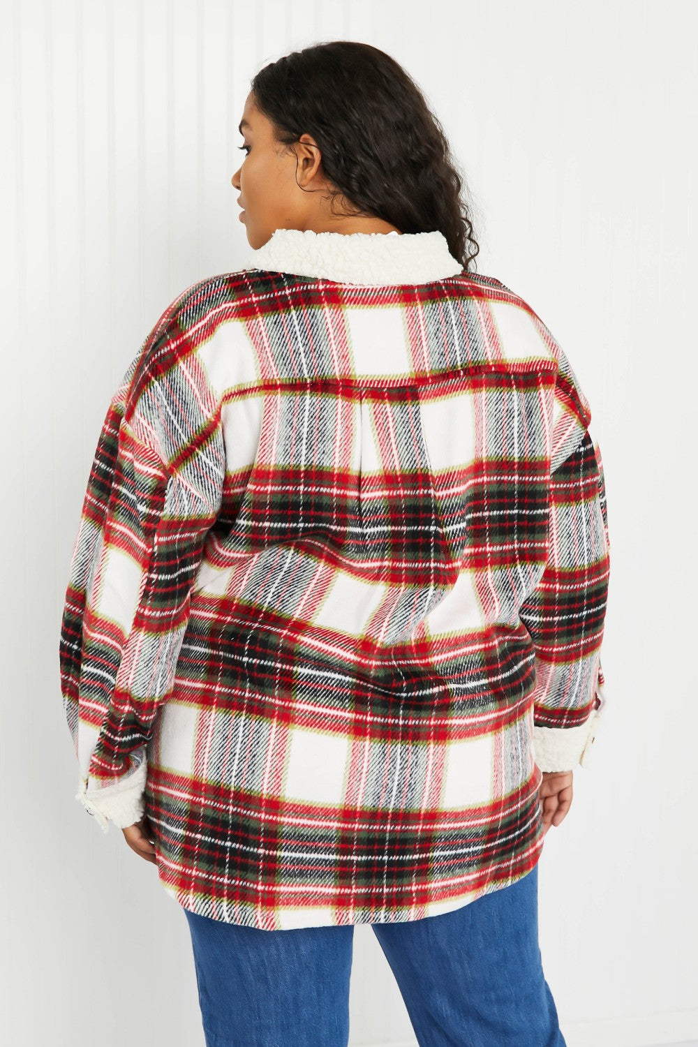 Davi & Dani Fresh Fall Vibes Full Size Plaid Button Down Jacket with Teddy Trim -