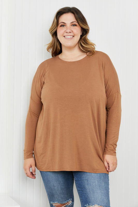 Zenana Full Size Round Neck Dropped Shoulder Tunic Top in Deep Camel - Deep Camel / S