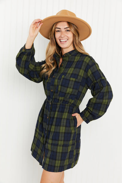 Davi & Dani Make an Entrance Full Size Button Front Shirt Dress - Olive/Navy / S