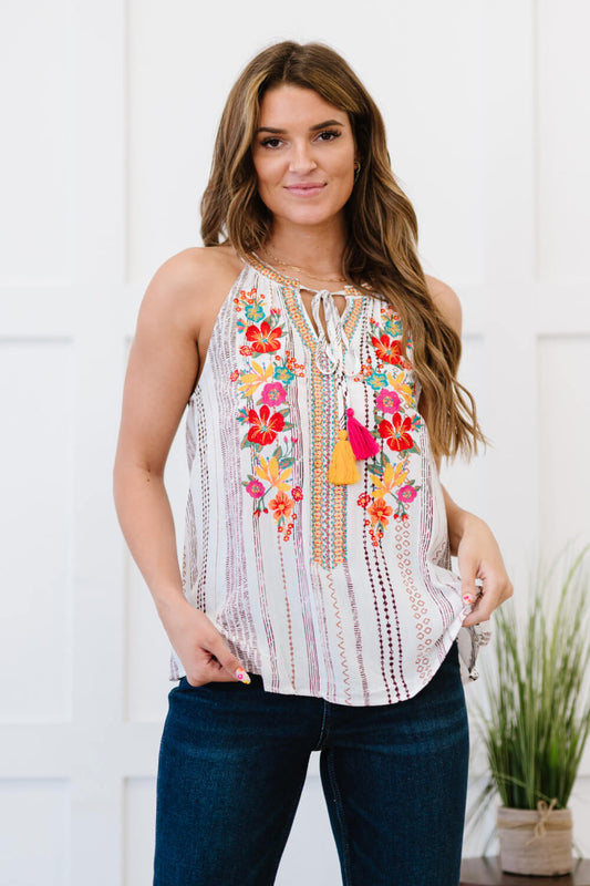 Andree by Unit Serenade Me Full Size Embroidered Sleeveless Blouse - Ivory Multi / S