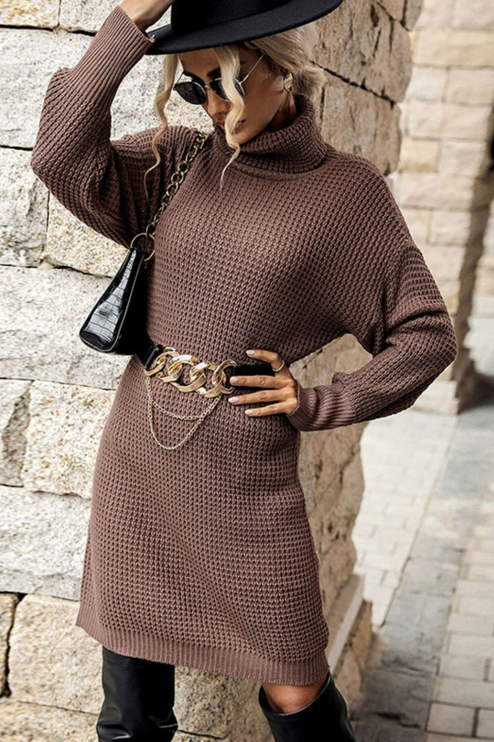 Turtleneck Dropped Shoulder Mini Sweater Dress -