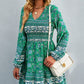 Bohemian V-Neck Balloon Sleeve Dress - Green / S